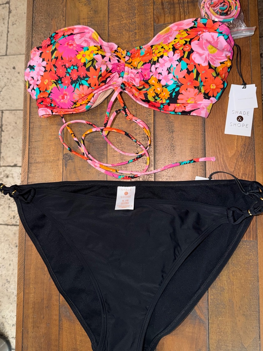 Shade & Shore Floral Bandeau Bikini Top with Black Tie-Side Bottoms
